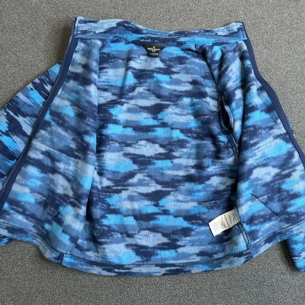 Eddie Bauer Jacket Kids Small 7/8 Blue Camo Fleece Full Zip Fall Soft Warm